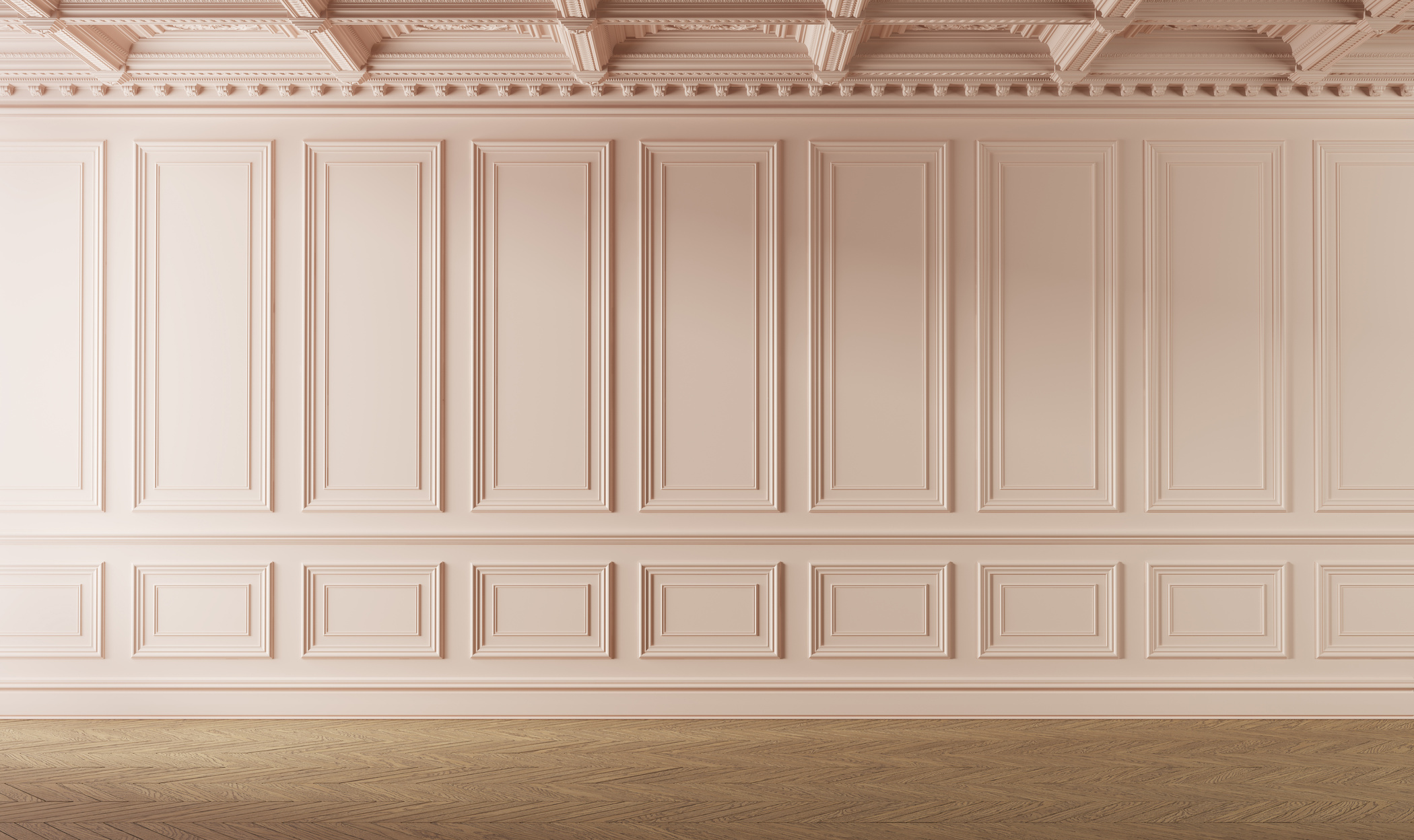 Classic empty room with boiserie on the wall. Pink colored. 3d